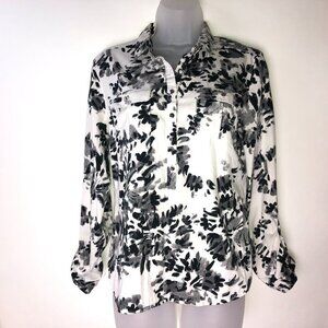 New York & Company Black & White Floral Blouse Medium